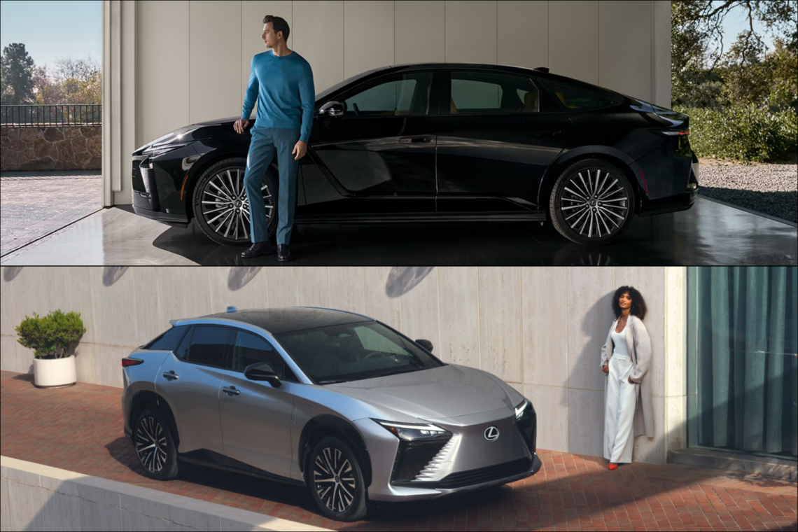 Collage of two images: top, 2026 Lexus ES EV; bottom, 2026 Lexus RZ EV
